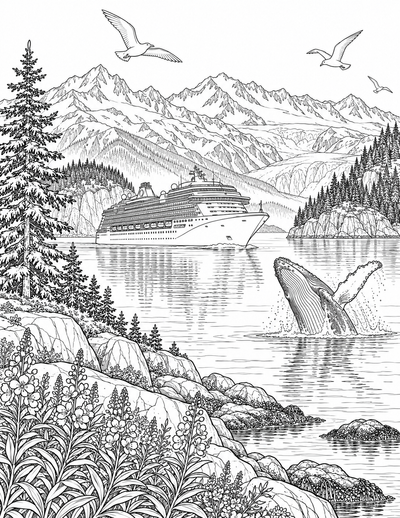 Inside Passage cruise ship and humpback whale coloring page preview